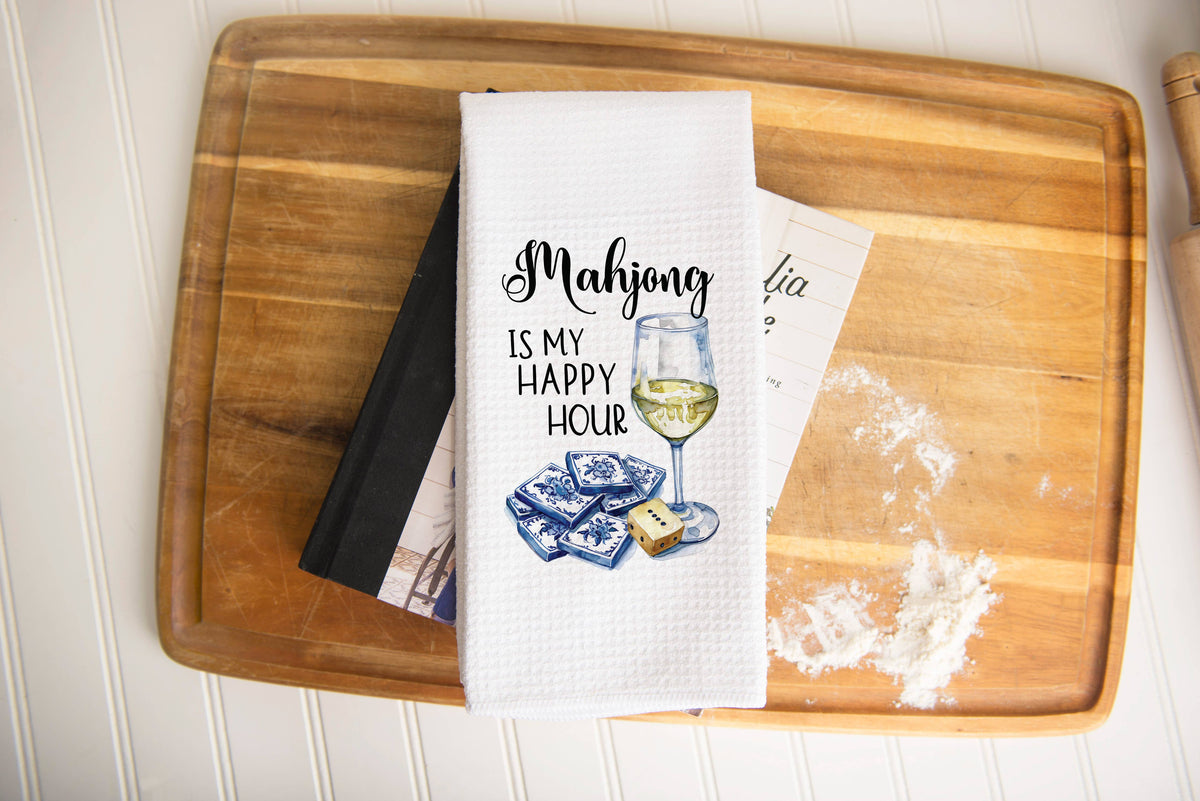 Mahjong Happy Hour Towel, Mahjong Tile Game Decor: Transparent Cellophane Sleeve with Hanger Flap