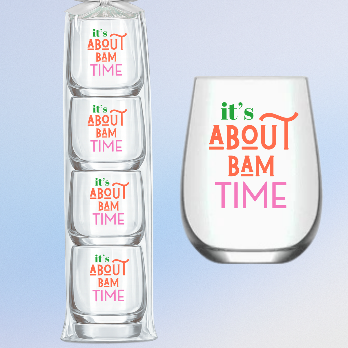 Mahjong Stemless 4 ct Set Wine Glasses "It's About Bam Time"