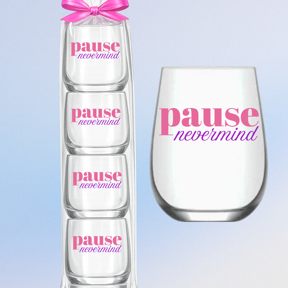 Mahjong Stemless 4 ct Set Wine Glasses "Pause Nevermind"
