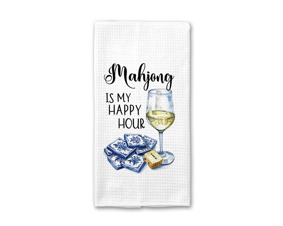 Mahjong Happy Hour Towel, Mahjong Tile Game Decor: Transparent Cellophane Sleeve with Hanger Flap