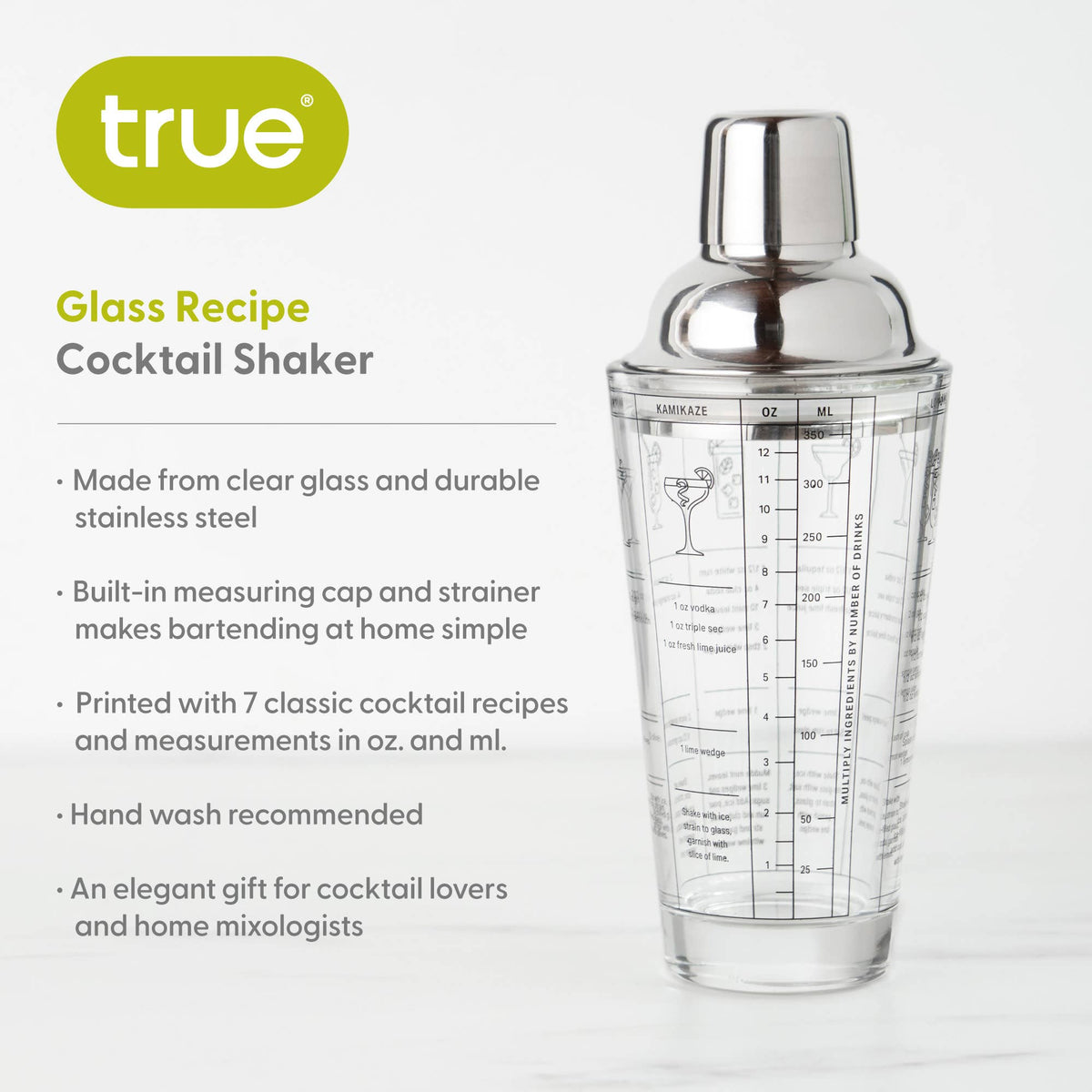 7-Cocktail Recipe Stainless Steel & Glass Shaker - 13.5 oz