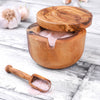 Olive Wood Salt Cellar with Scoop & Magnetic Lid – Handmade