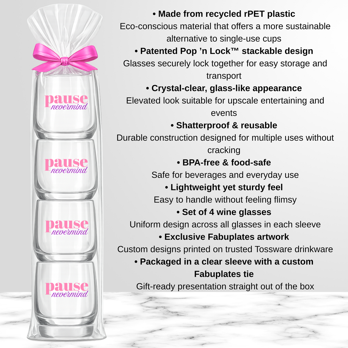 Mahjong Stemless 4 ct Set Wine Glasses "Pause Nevermind"