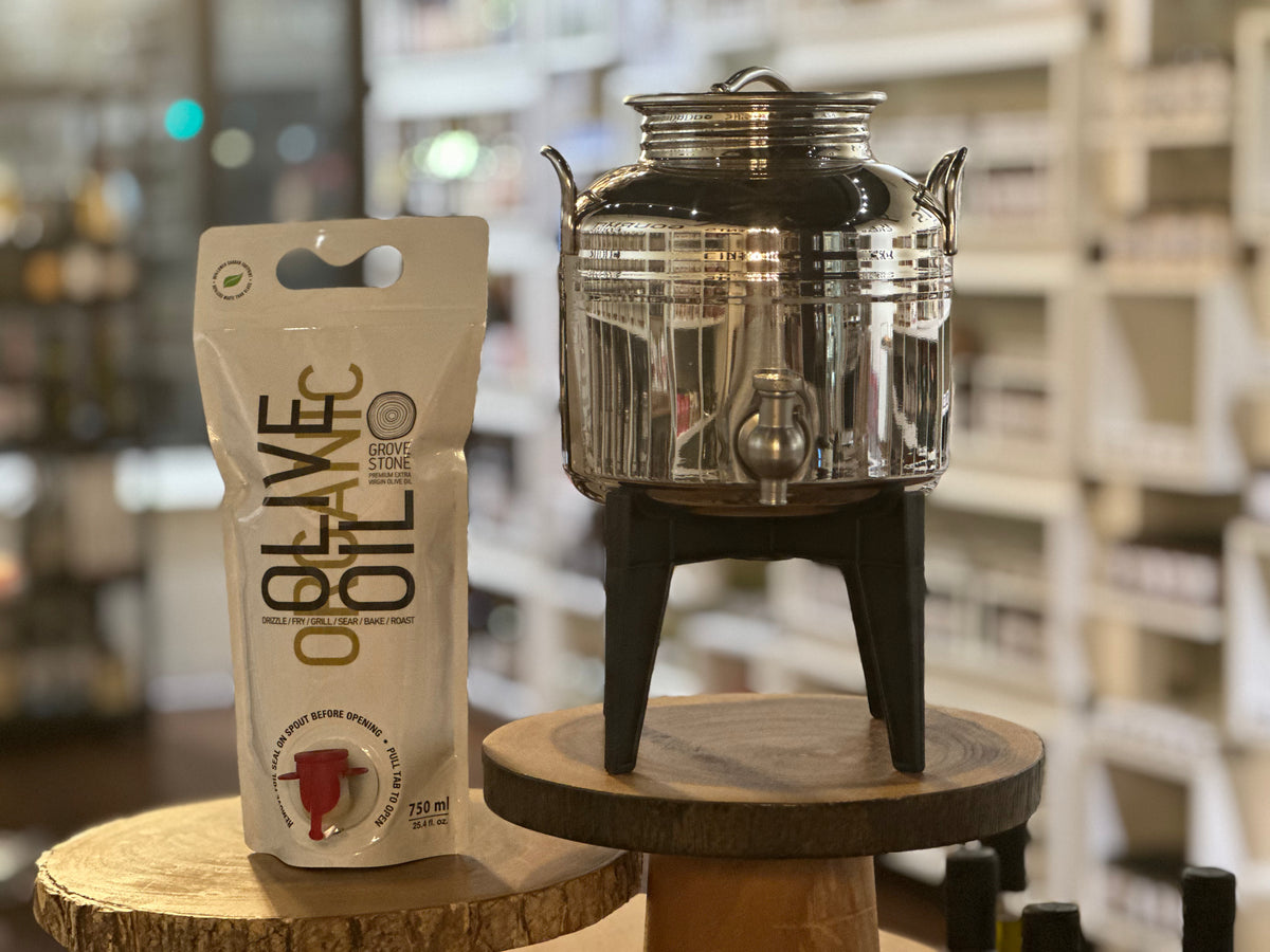 3 Liter Stainless Steel Fusti with Spigot and Stand With Grovestone Extra Virgin Olive Oil