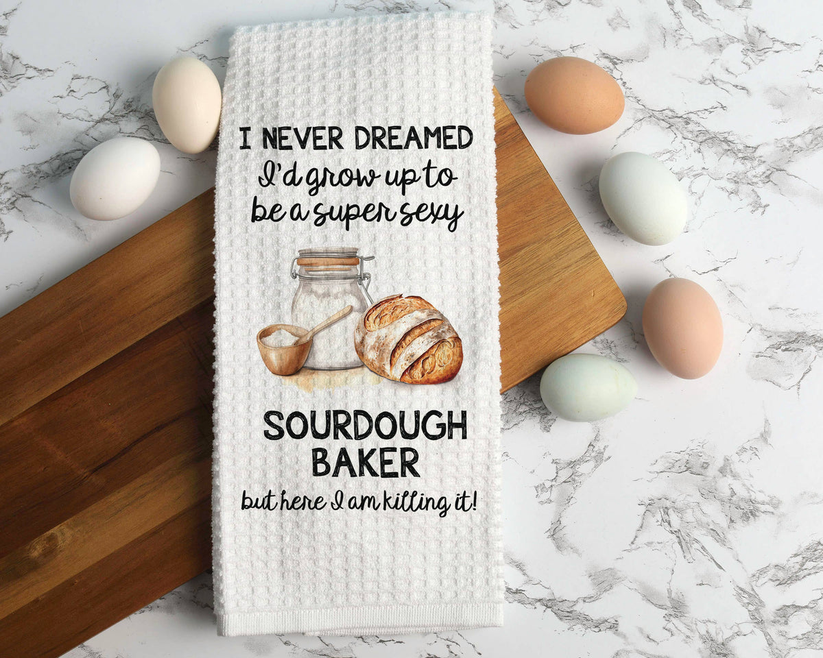 Funny Sourdough Dish Towel Waffle Weave Kitchen Bread Baking: Transparent Cellophane Sleeve with Hanger Flap