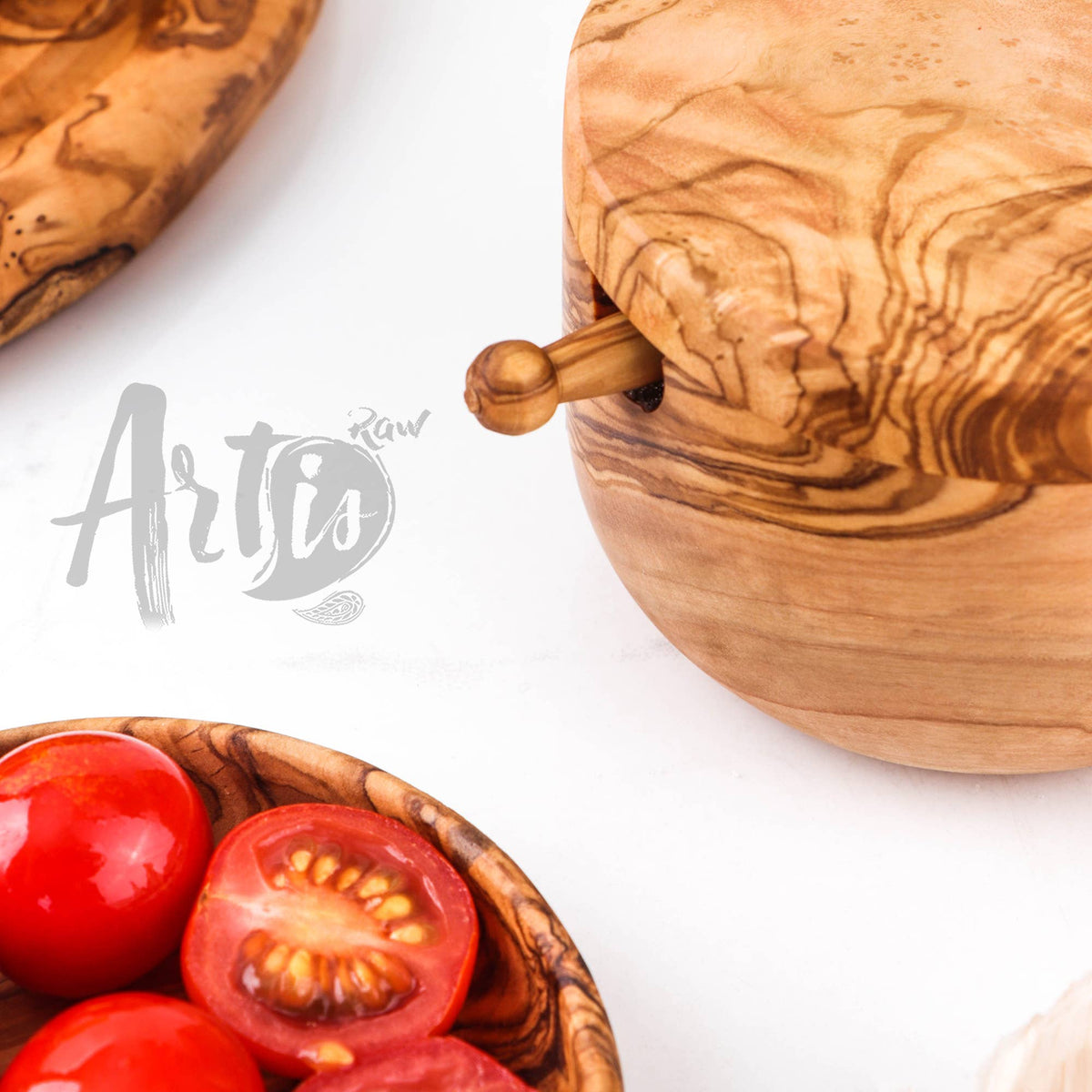 Olive Wood Salt Cellar with Scoop & Magnetic Lid – Handmade