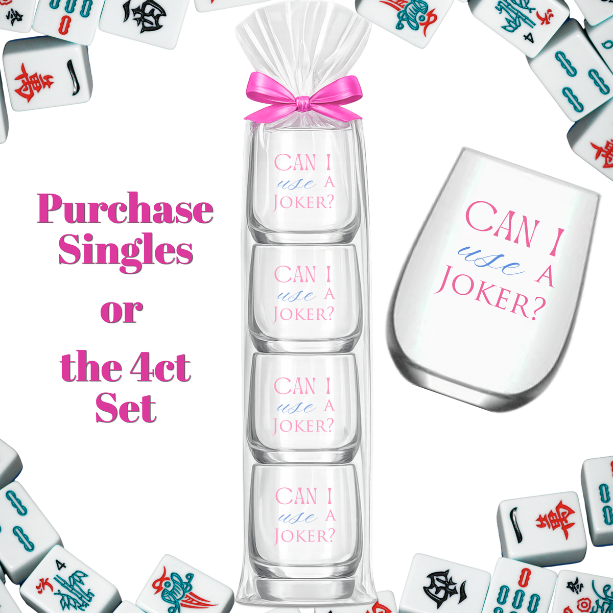 Mahjong Stemless 4ct Set Wine Glasses "Can I Use a Joker"
