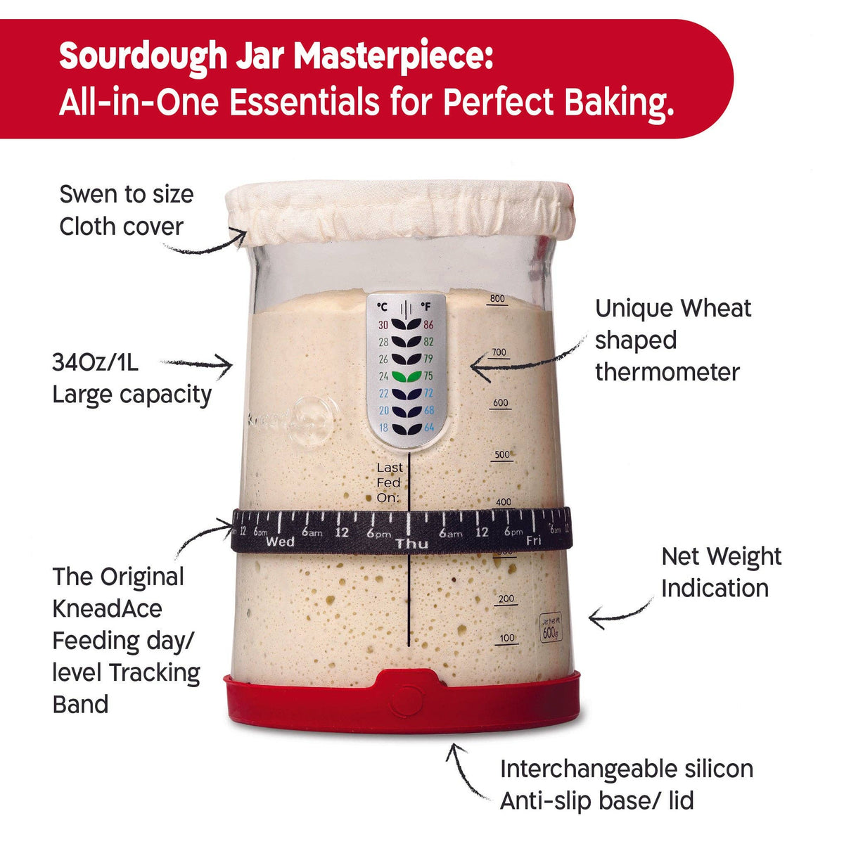 KneadAce® PRO  34 Oz Sourdough Starter Jar: Single Pack