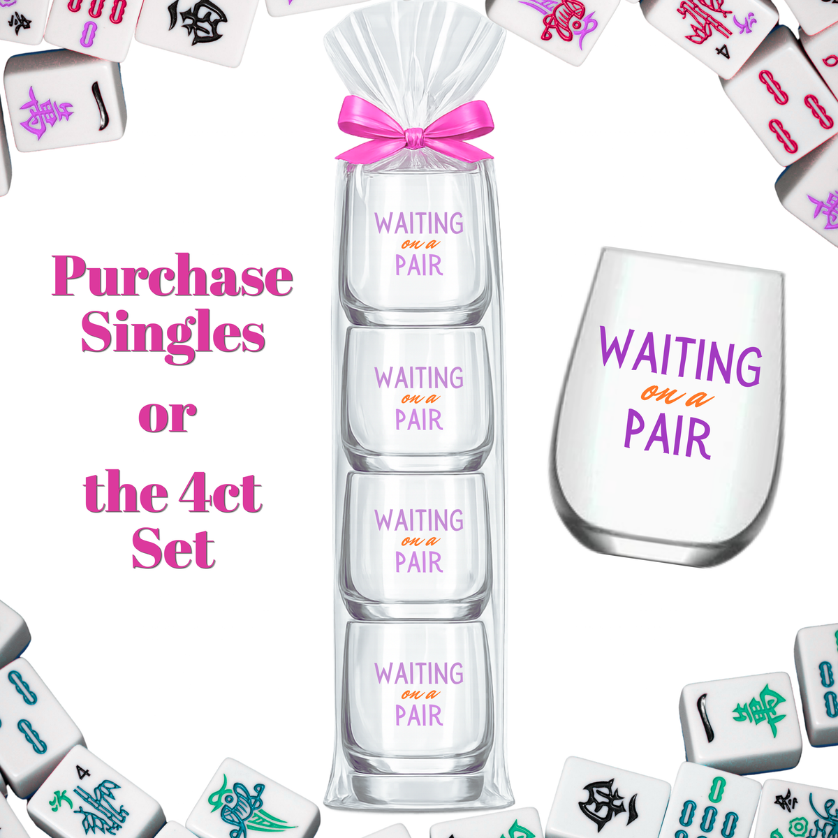 Mahjong Stemless 4 ct Set Wine Glasses "Waiting on a Pair"