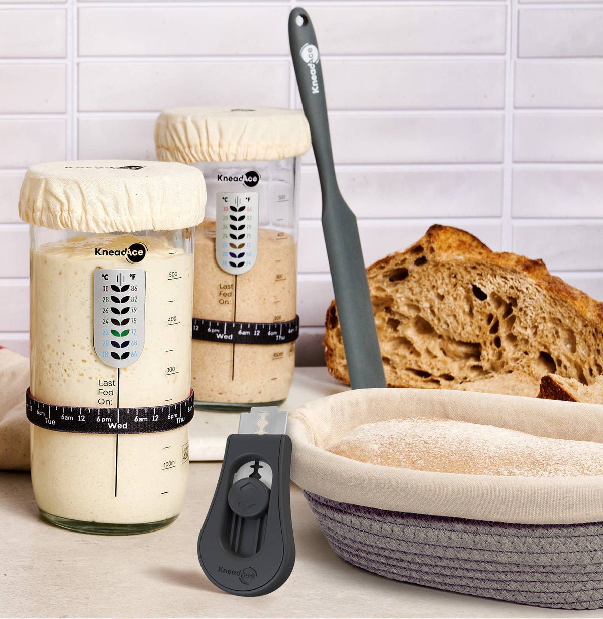 KneadAce Sourdough Kit: 24oz Jar, 2xOval Baskets, Bread Lame